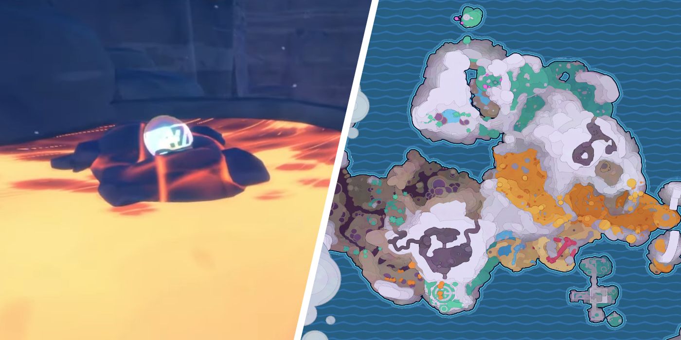 Uma cápsula de tesouro cercada por lava no mapa de Ember Valley de Slime Rancher 2