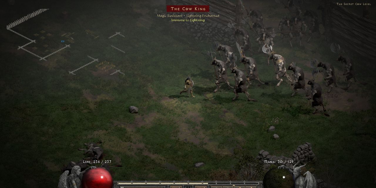 Uma batalha com o Cow King em The Cow Level de Diablo 2