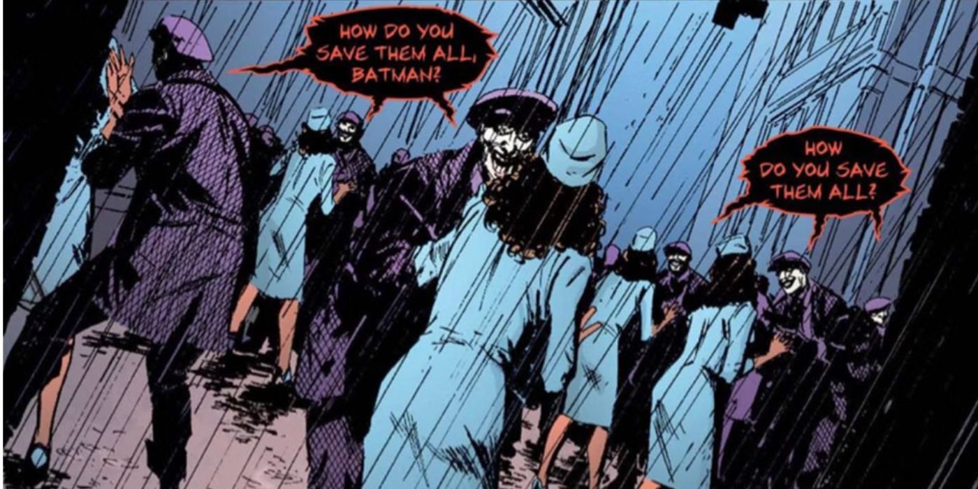 Um painel de quadrinhos mostrando vários Coringas atacando vários Martha Waynes