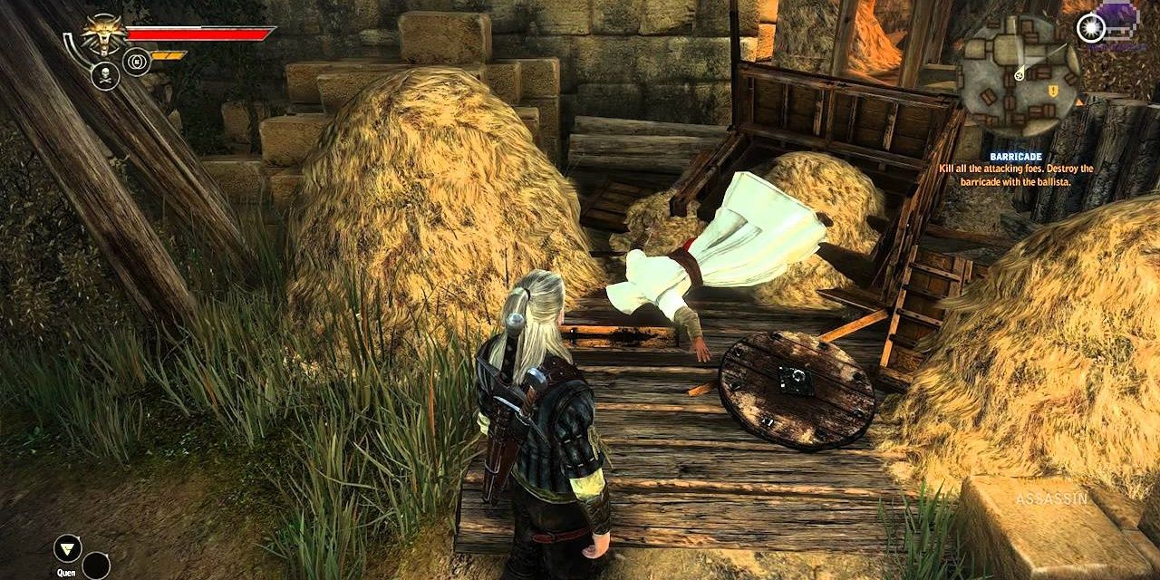 Um assassino morto de Assassins Creed deitado na palha no easter egg de The Witcher 2