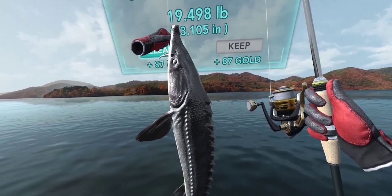 A man holds a fish on a hook in Real VR Fishing