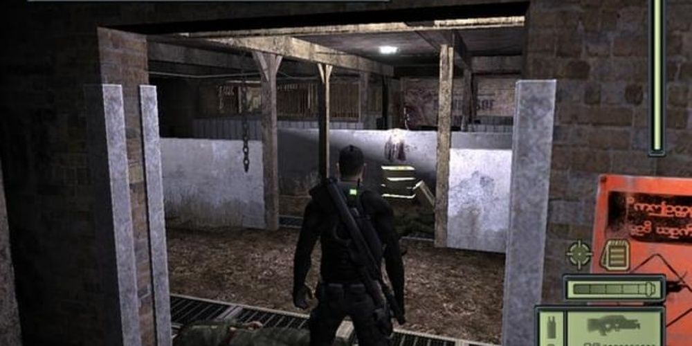 A man stands in a garage in Tom Clancy's Splinter Cell (2002) 