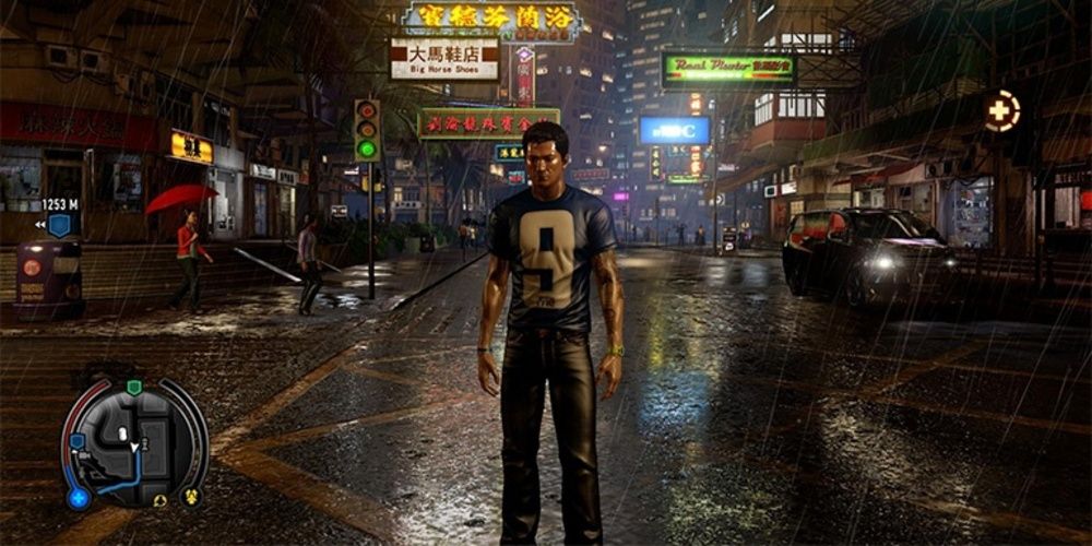 A man stands in the middle of a rainy street in Sleeping Dogs