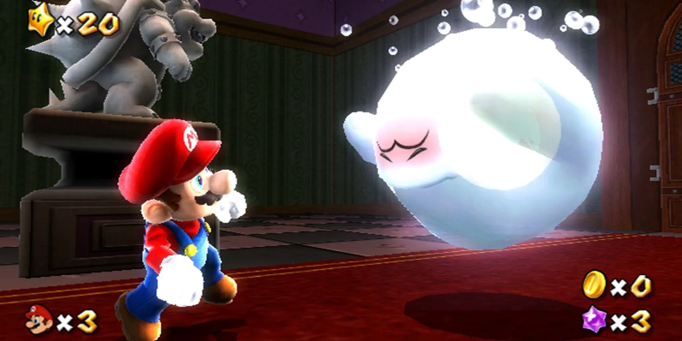 A shy Boo in front of Mario