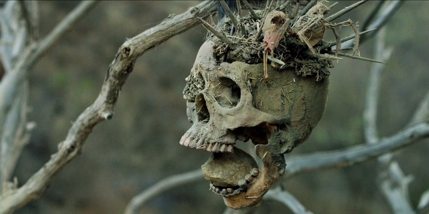 A skull hangs on a tree in Bone Tomahawk