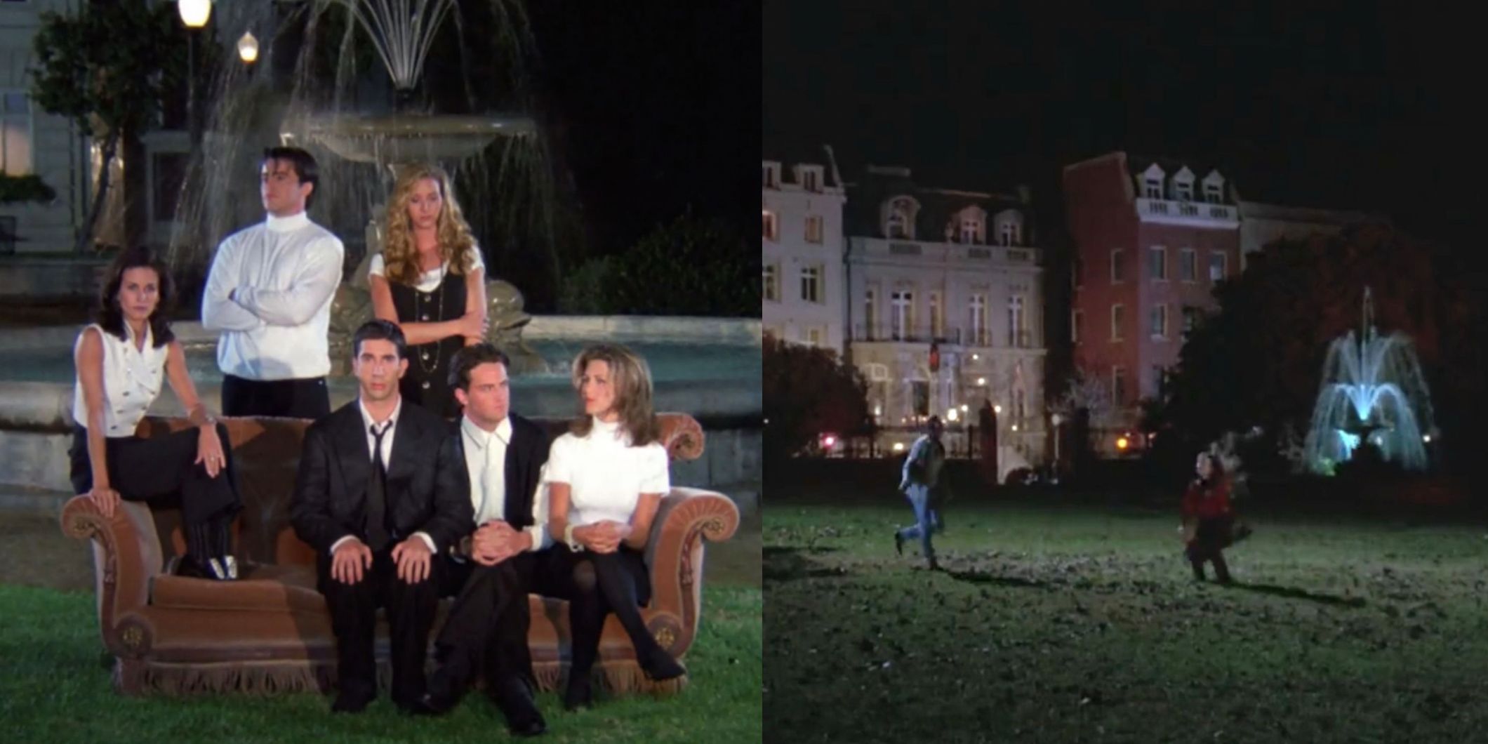 A split image features the Friends cast in front of a fountain and the Hocus Pocus characters in front of the same fountain
