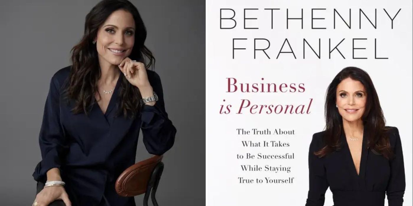 A split image of Bethenny Frankel and her book from RHONY