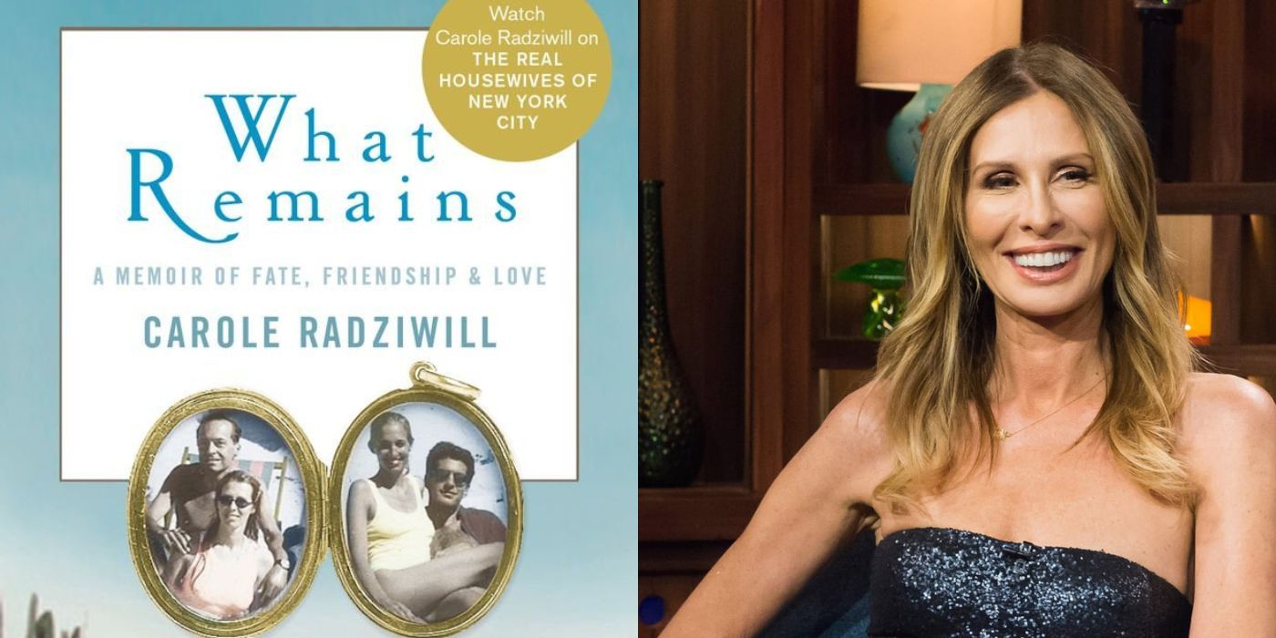 A split image of Carole Radziwill and her book on RHONY