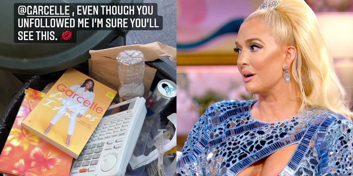 A split image of Garcelle's book in the trash and Erika at the reunion