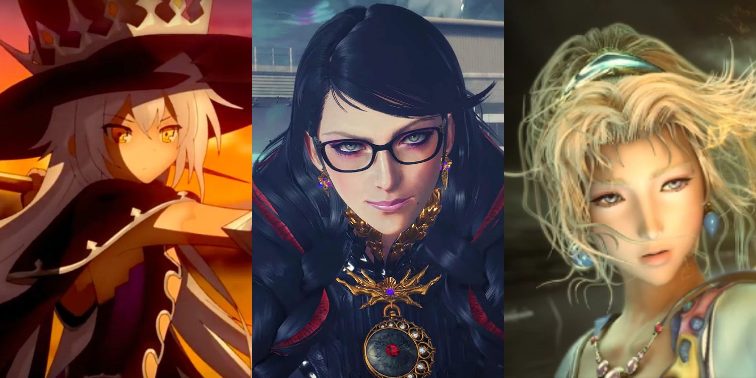 A split image of Hilda in Stella Glow, Bayonetta, and Terra in Final Fantasy 6 