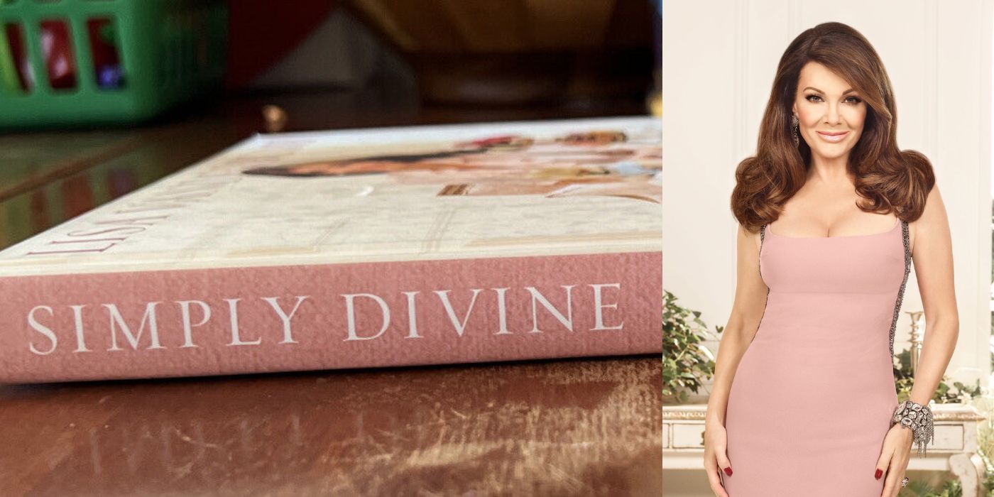 A split image of LVP and her book on dining parties from RHOBH