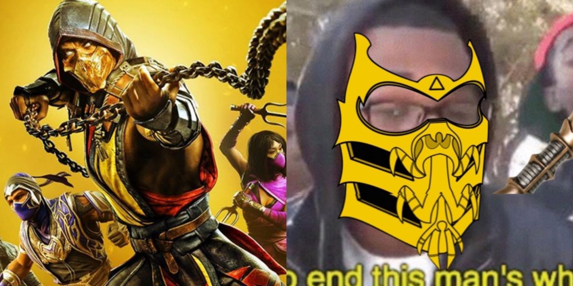 A split image of Mortal Kombat Scorpion and a meme