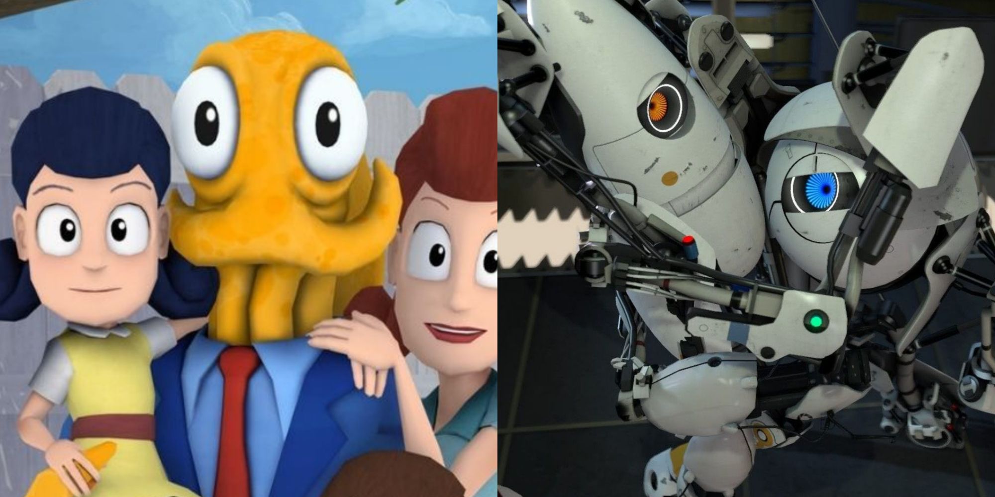 A split image of Octodad and Portal 2
