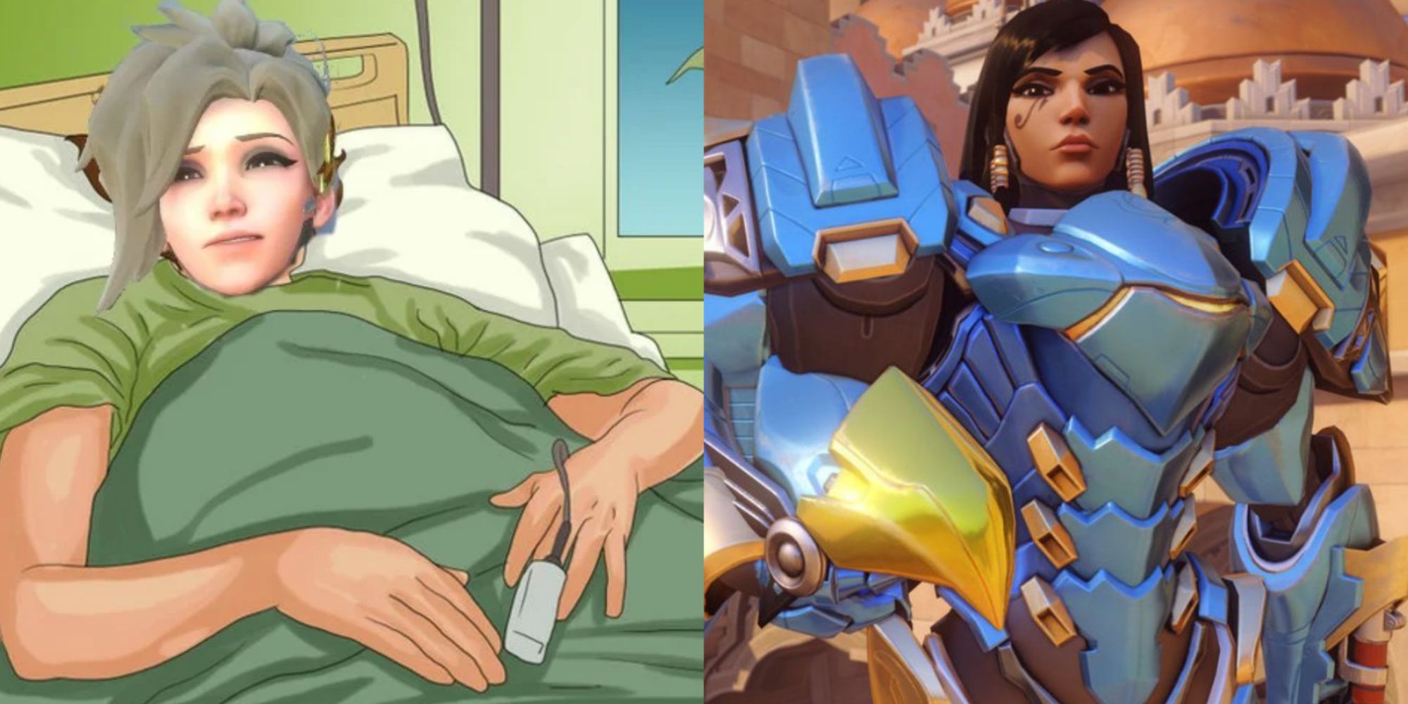 A split image of Pharah and Mercy from Overwatch