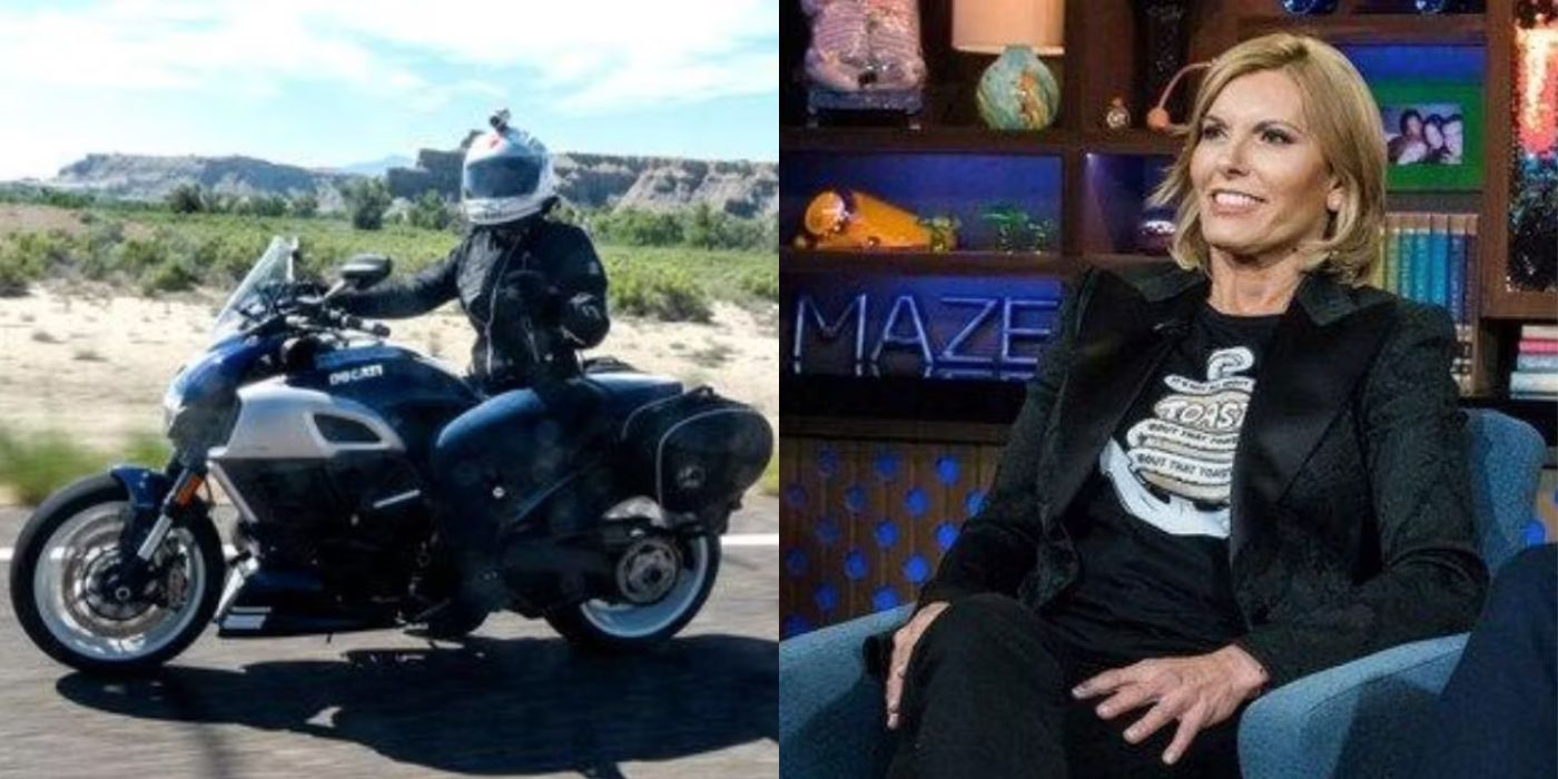 A split image of Sandy and her motorcycle from Below Deck