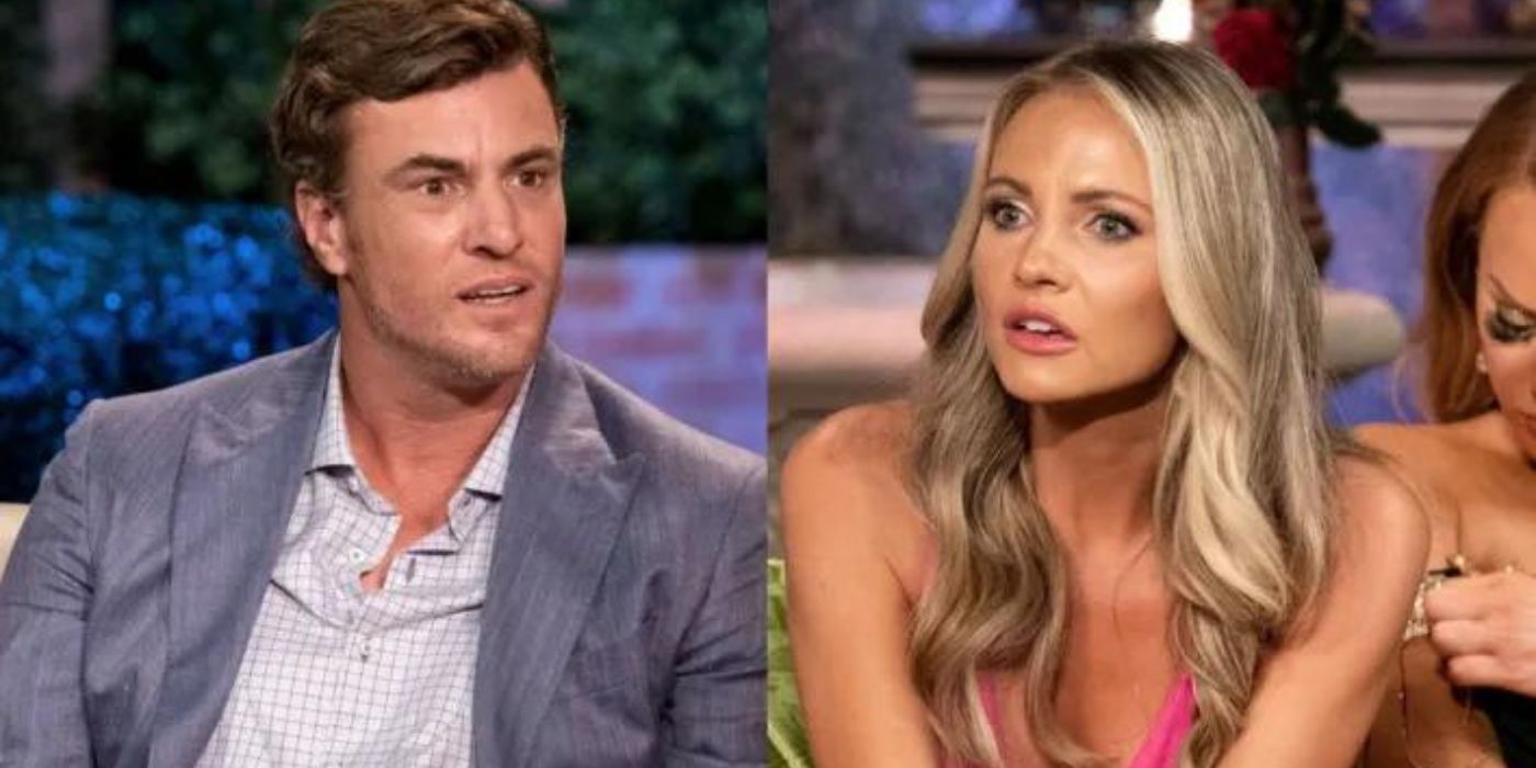 A split image of Shep and Taylor arguing at the reunion on Southern Charm