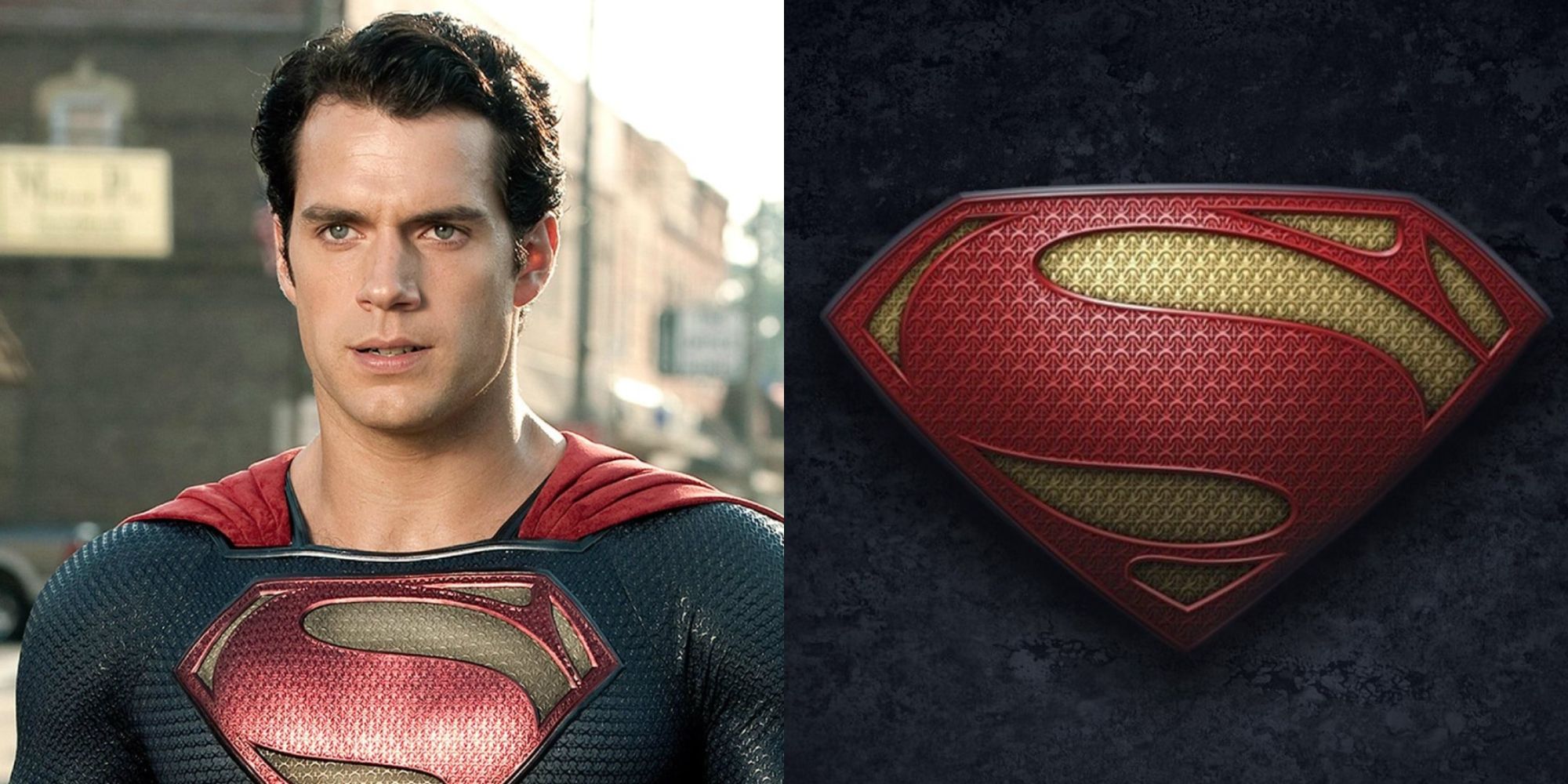 A split image of Superman and the Man of Steel logo