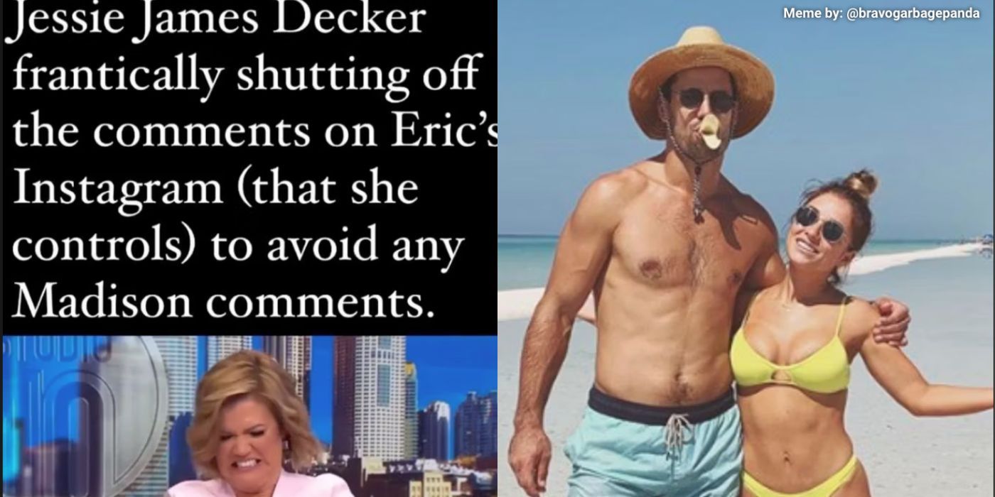 A split image of a meme of jessie James Decker and her husband with a meme from Southern Charm