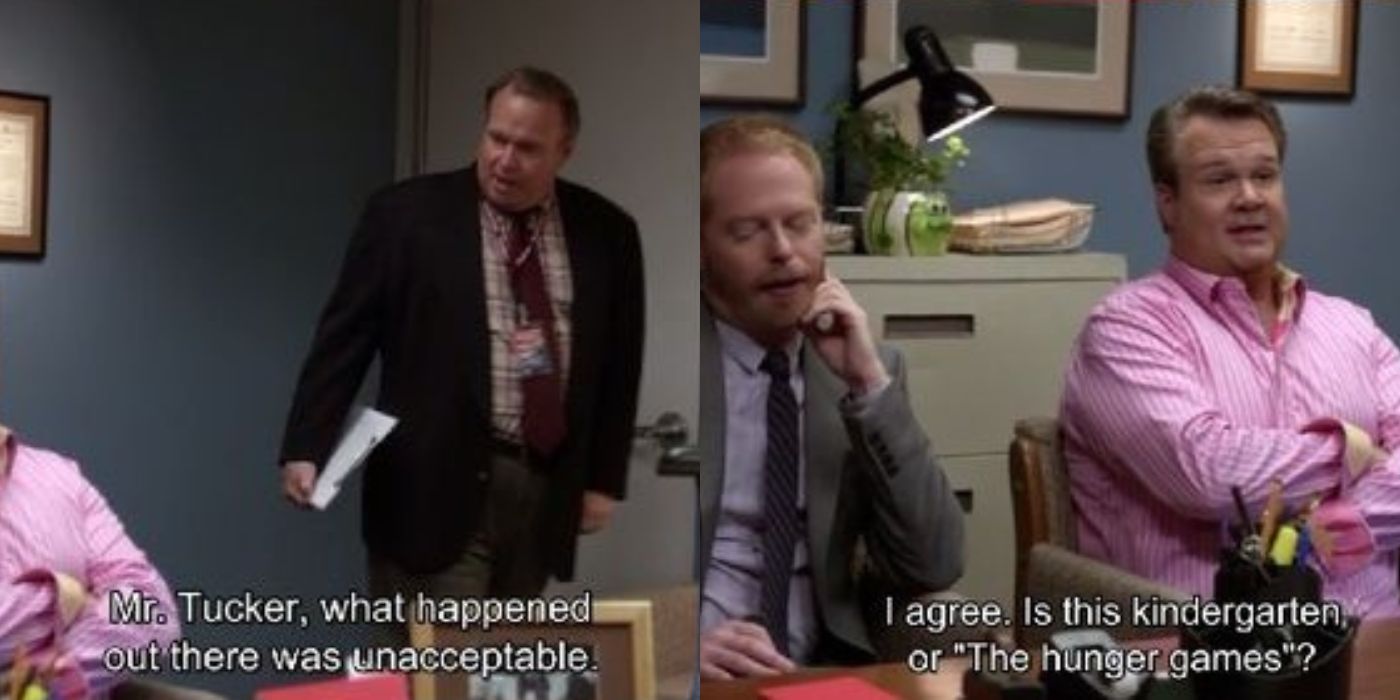 A split image of the principal arguing with Cam and Mitch on Modern Family