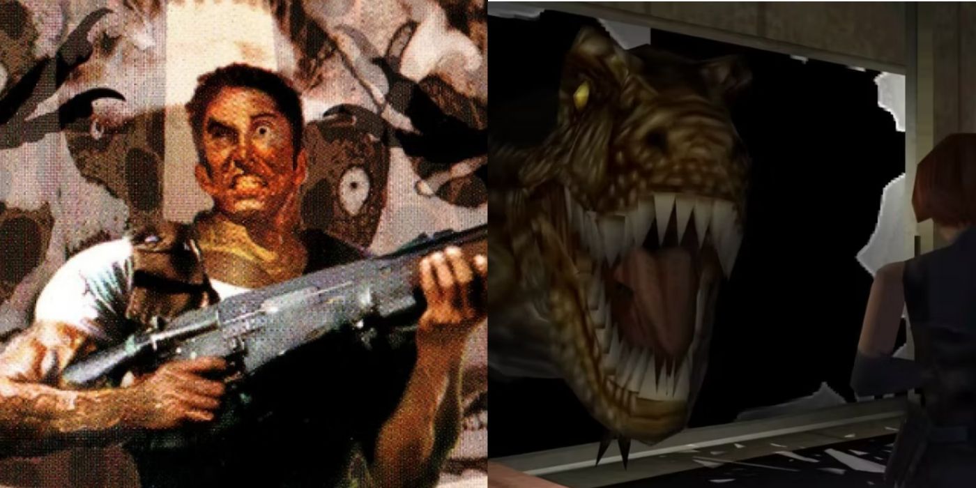 A split screen of scenes from Resident Evil and Dino Crisis