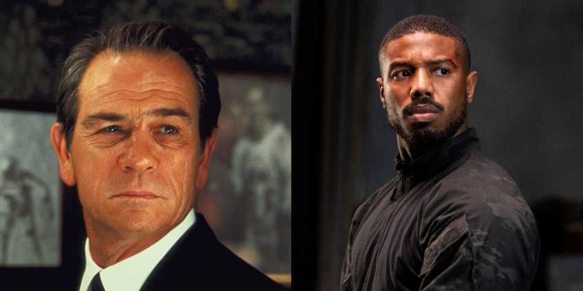 A split screen of Tommy Lee Jones and Michael B Jordan