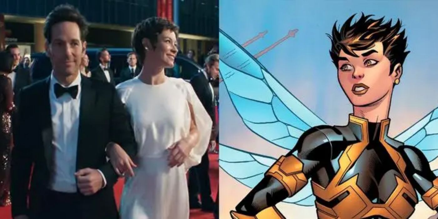 A split screen of Wasp from the MCU and the comics