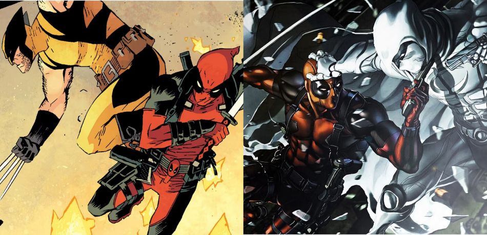 A splitscreen of Deadpool fighting Moon Knight and Wolverine