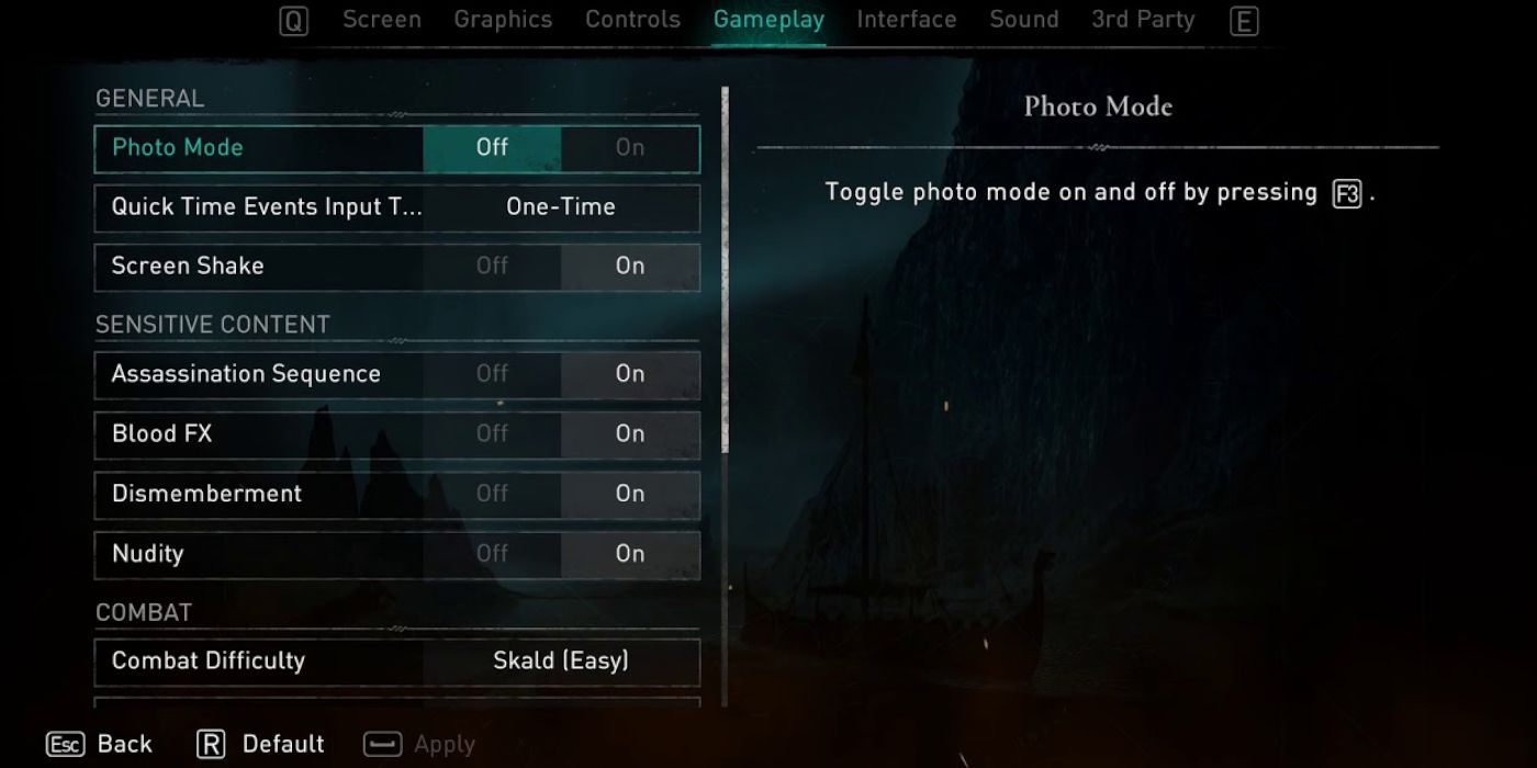 Assassin's Creed Valhalla's Accessibilty Settings offering toggles and ways to play
