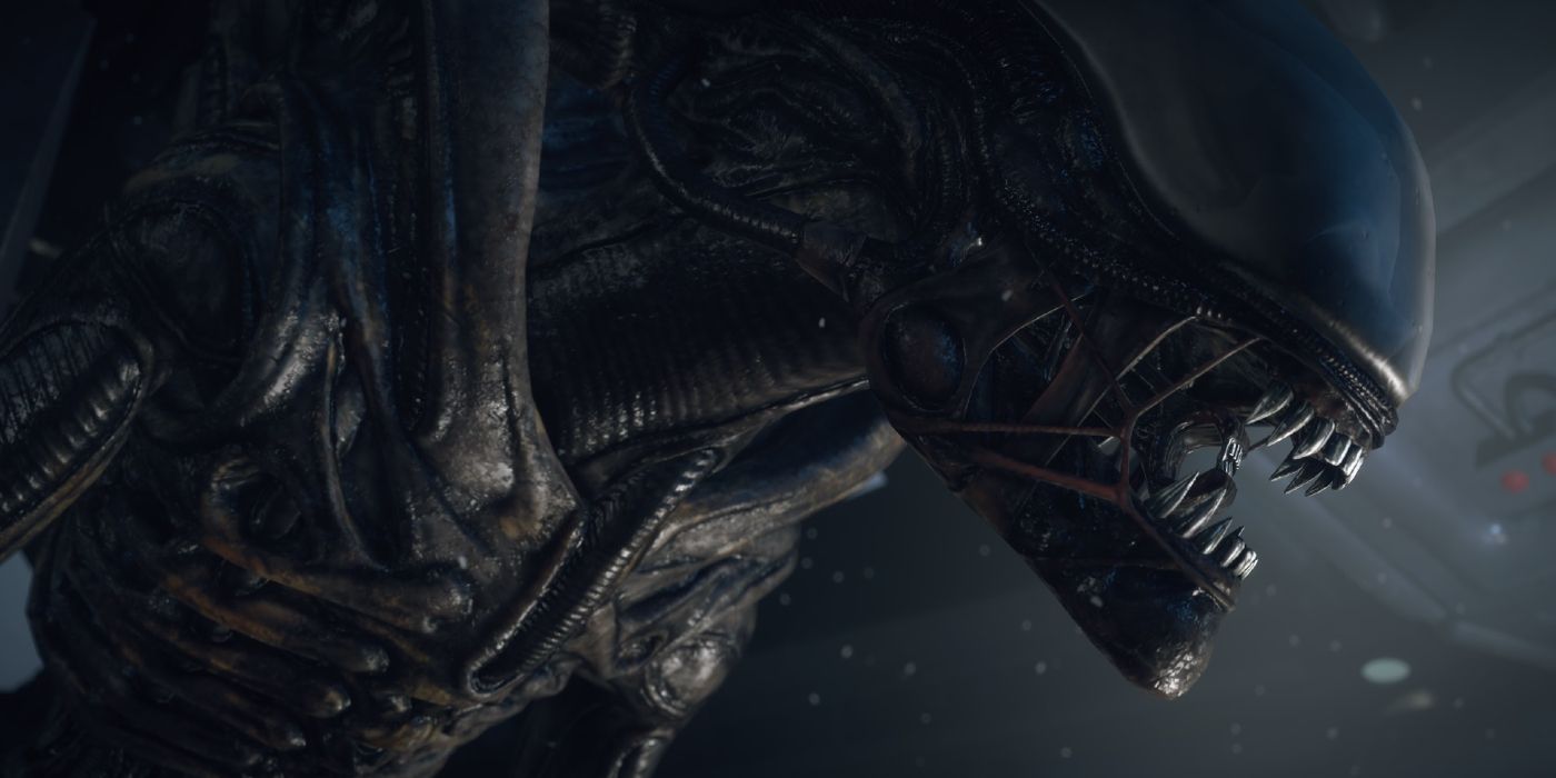 A Xenomorph from the Alien franchise, baring its teeth at something in Alien: Isolation.