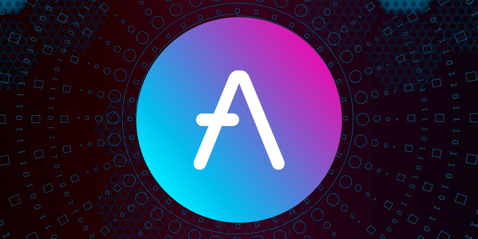 Aave logo in center of abstract circles, squares, and binary numbers