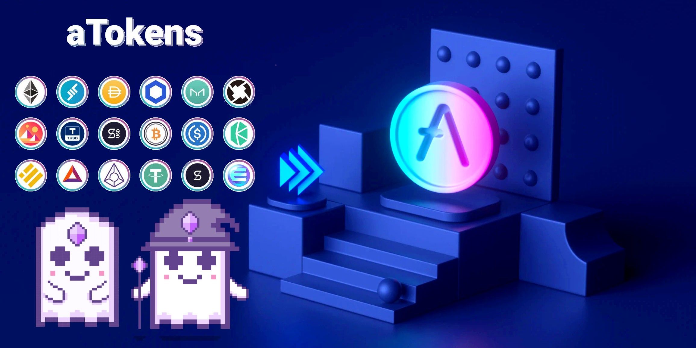 Abstract art, Aave logo on pedestal with stairs and 3D metallic geometric shapes, dark blue background, Aave aTokens top left, two Aavegotchi pets bottom left