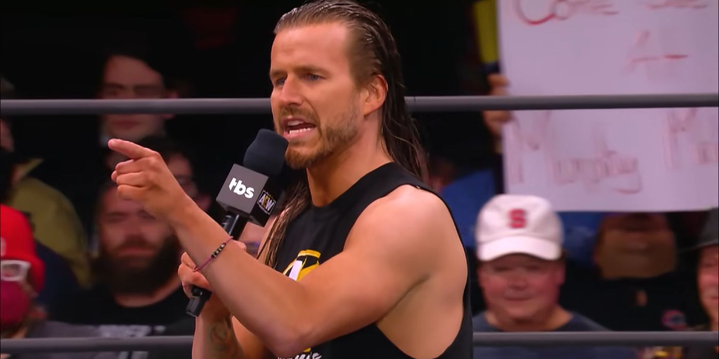 Adam Cole speaks to the AEW crowd on a January episode of Dynamite.