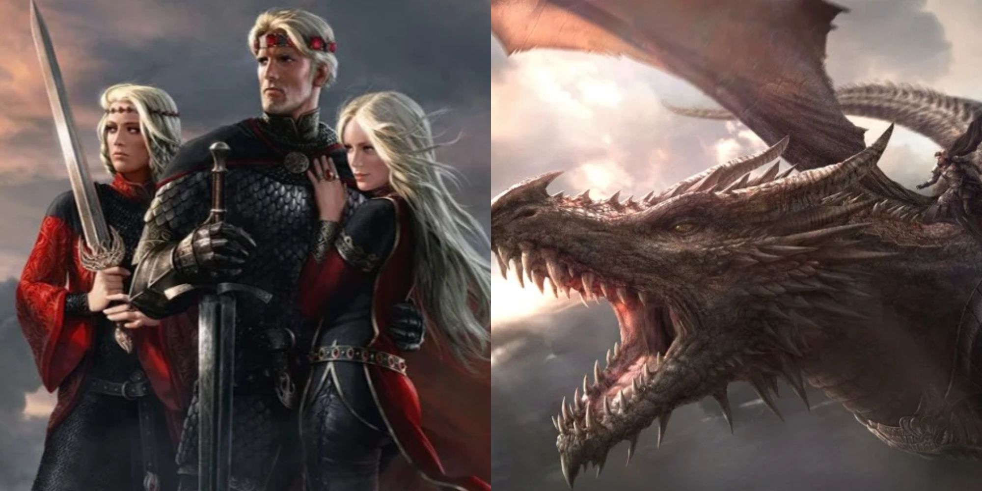 Split image showing Aegon, Rhaenys, and Visenya Targaryen and Balerion the Black Dread