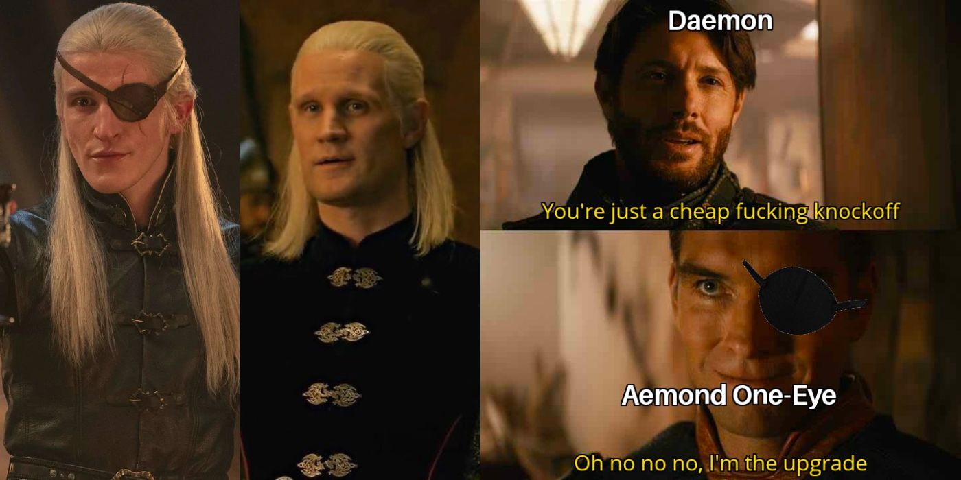 Three images showing Aemond, Daemon, and a meme about House of the Dragon
