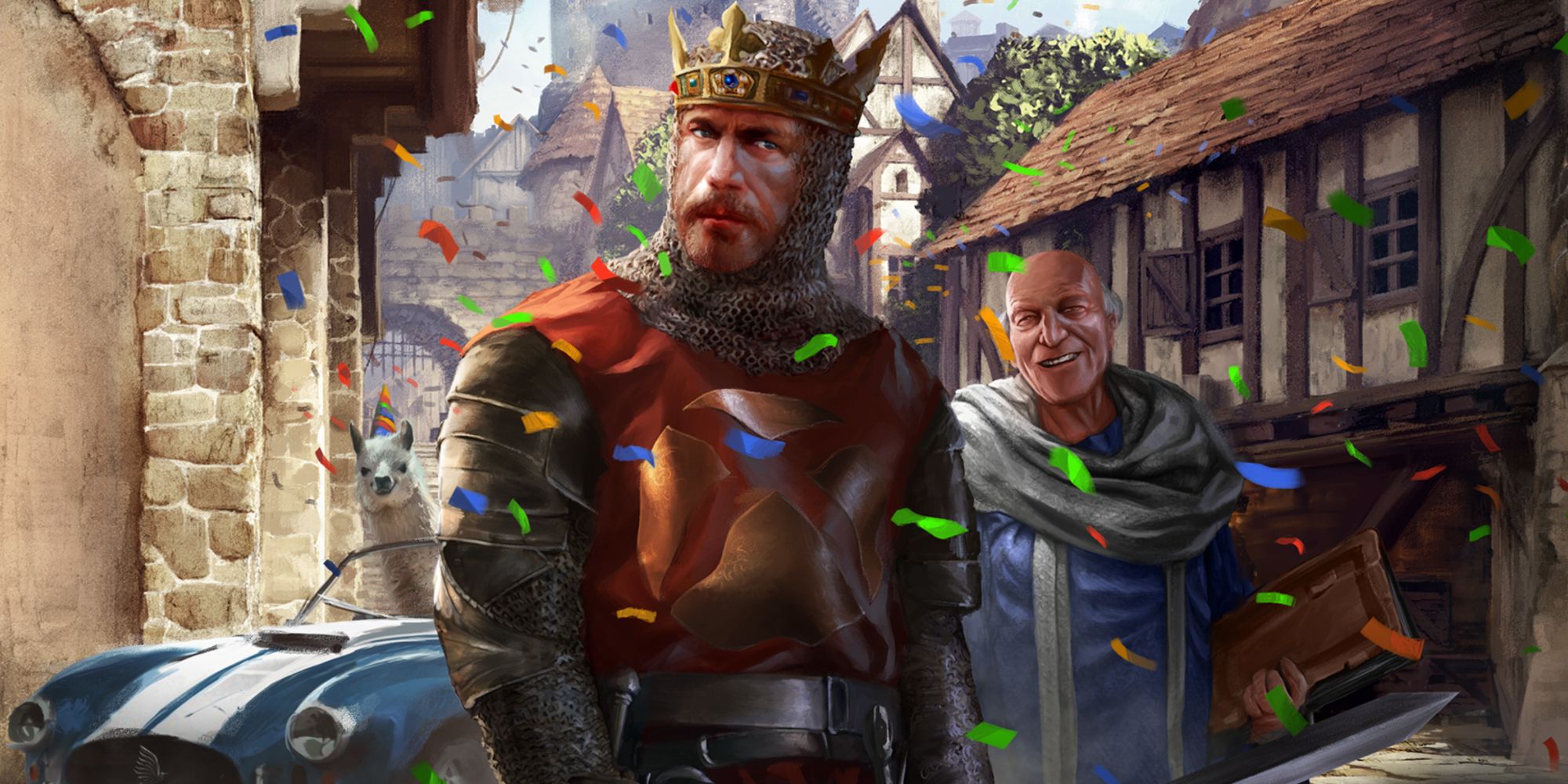 Age of Empires 2 Definitive Edition Artwork depicting a king, a priest, and a car