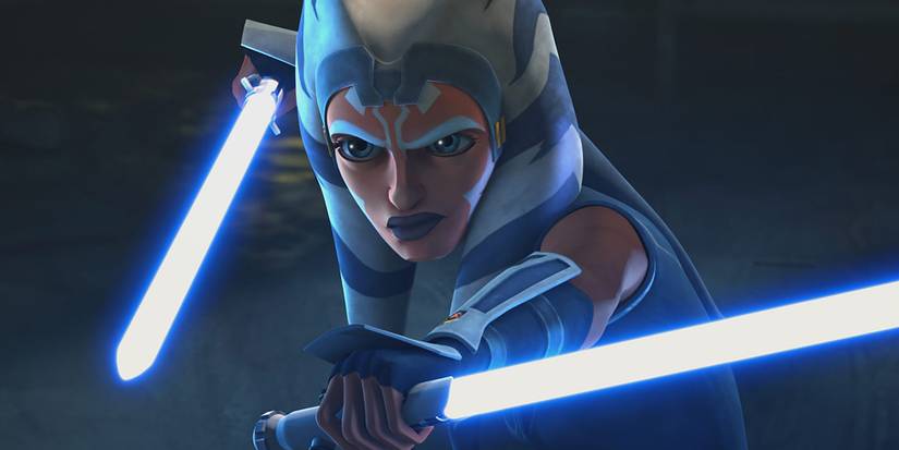 Ahsoka wielding her two blue lightsabers in the Clone Wars show