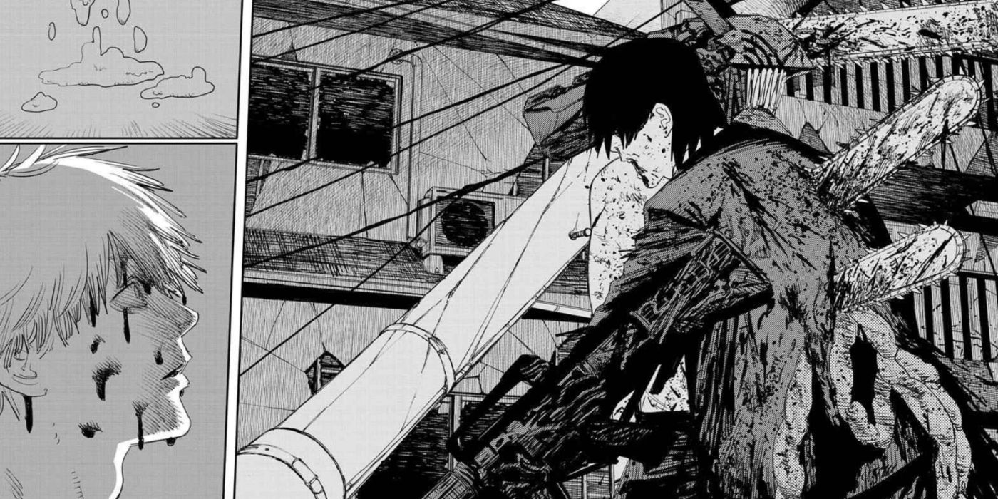 Aki's death as the Gun Fiend with a bloodied Denji looking on mortified.
