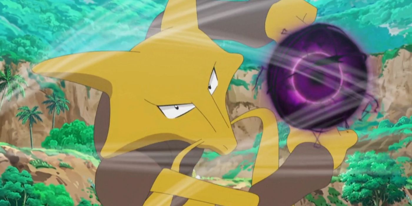 Alakazam in the Pokemon anime preparing to use Shadow Ball.
