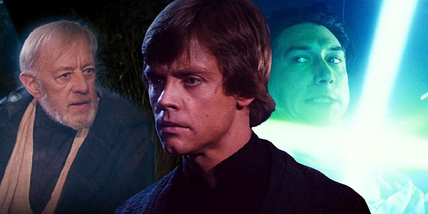 Alec Guinness as Ben Kenobi and Mark Hamill as Luke Skywalker in Return of the Jedi and Adam Driver as Ben Solo Kylo Ren in The Last Jedi.