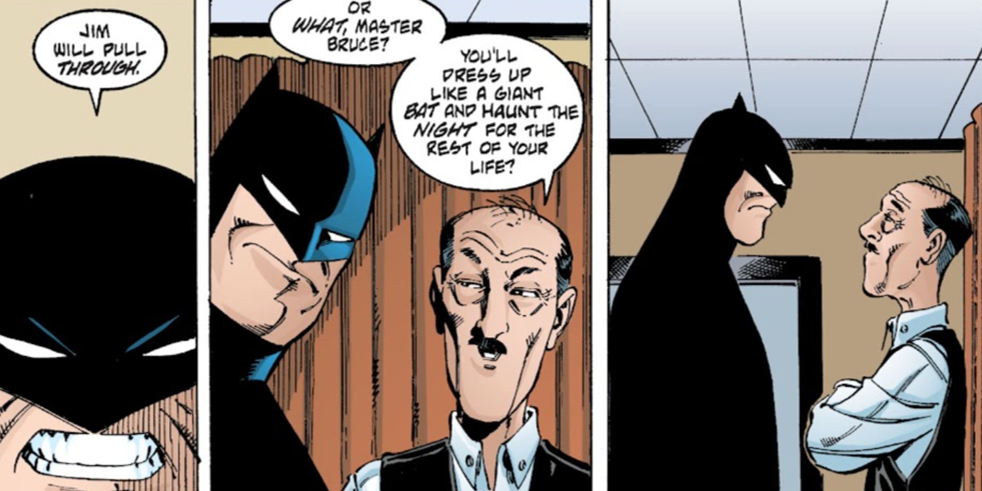 Alfred e Batman brigando em Asa Noturna #53