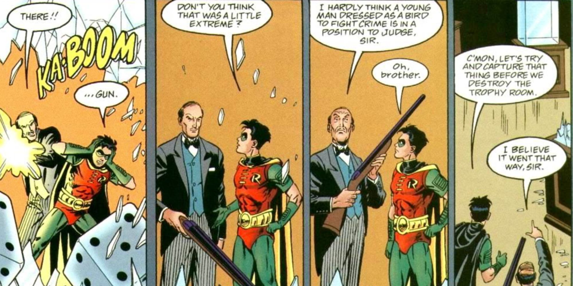 Alfred e Robin indo atrás de uma raposa na Batcaverna em Batman Secret Files (1997)
