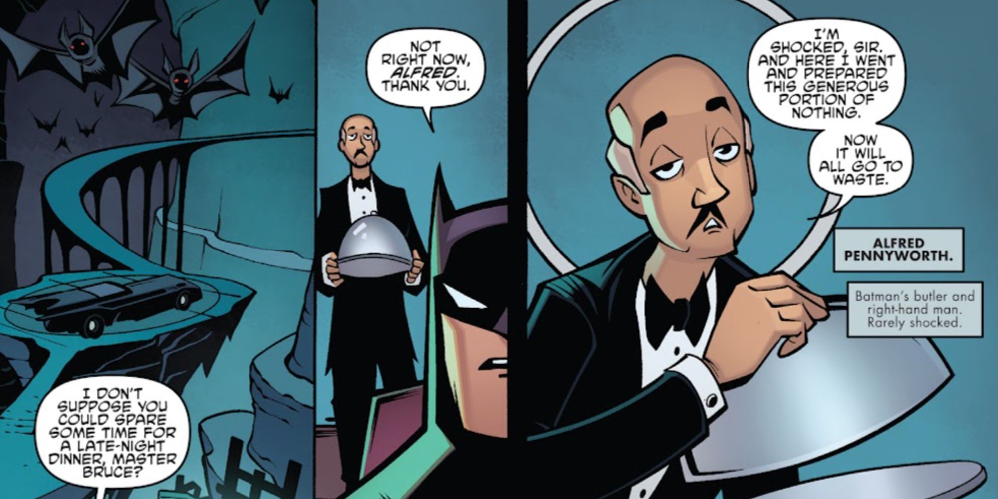 Alfred zombando de Batman com um prato vazio em Batman/Teenage Mutant Ninja Turtles Adventures #1