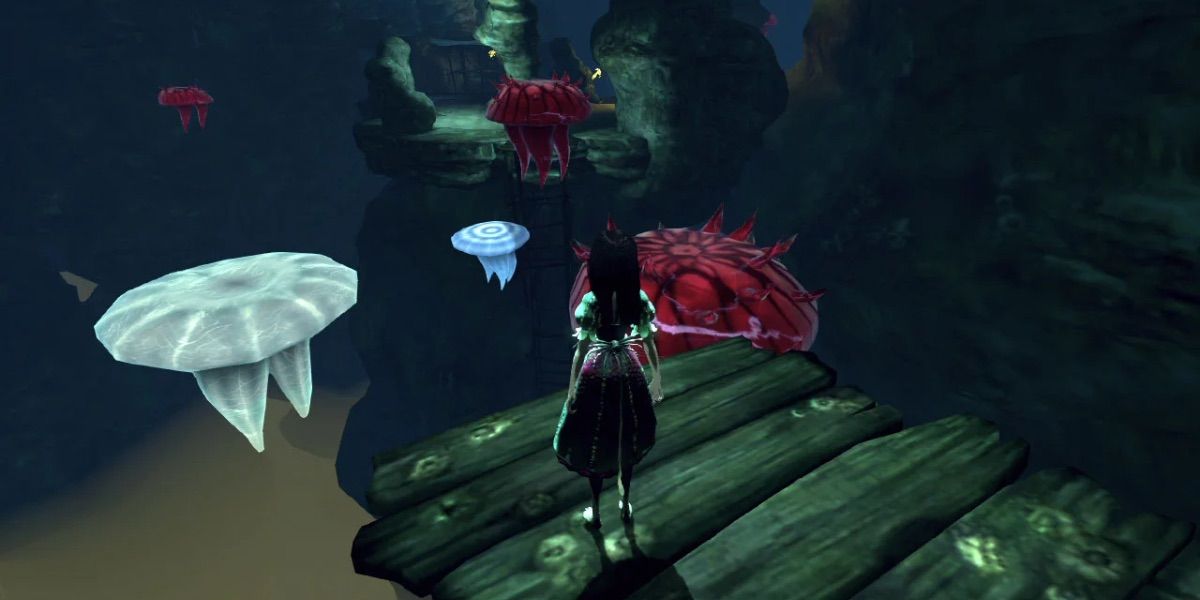 Alice looks at giant jellyfish from Alice Madness Returns 