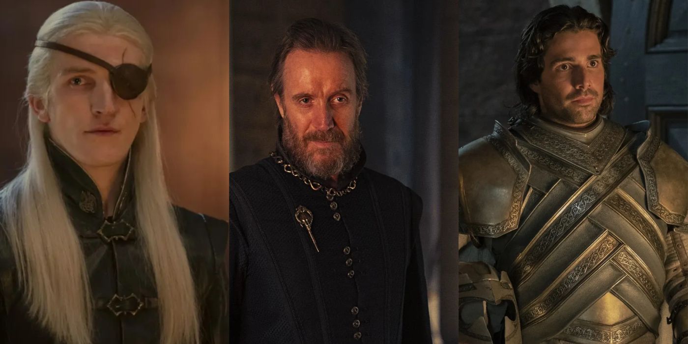 Aemond Targaryen, Otto Hightower, and Ser Criston Cole in House of the Dragon.