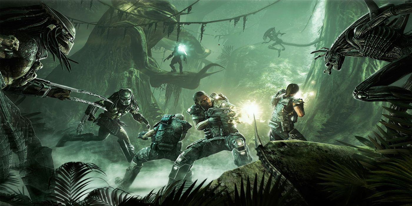 Promotional Art for Alien vs. Predator's multiplayer game modes, showing Colonial Marines surrounded by Yautja and Xenomorphs.