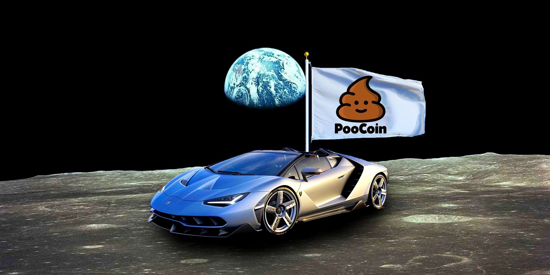 Lamborghini on the moon's surface, Earth in distance, and white flag with PooCoin logo
