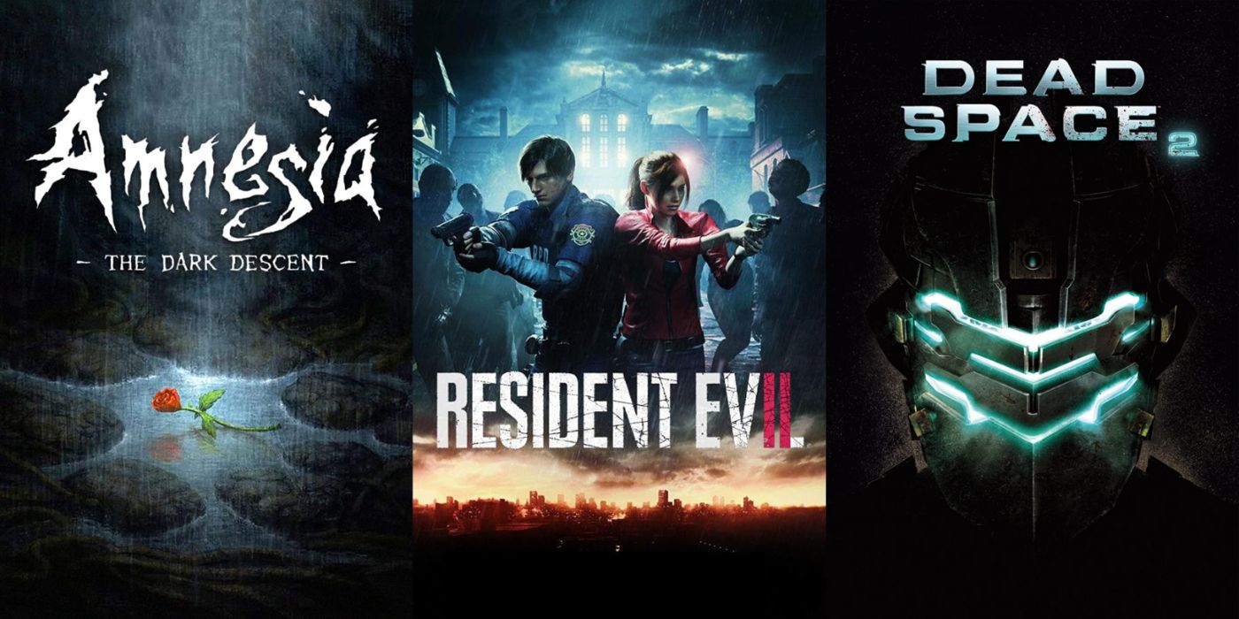 Split image of Amnesia, Resident Evil 2, and Dead Space 2 promo art.