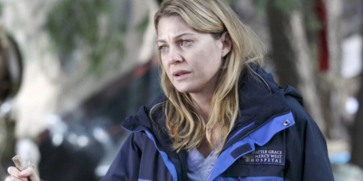 An image of Meredith looking serious in Grey&rsquo;s Anatomy