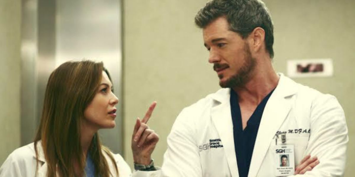 Uma imagem de Meredith apontando para Mark em Grey's Anatomy