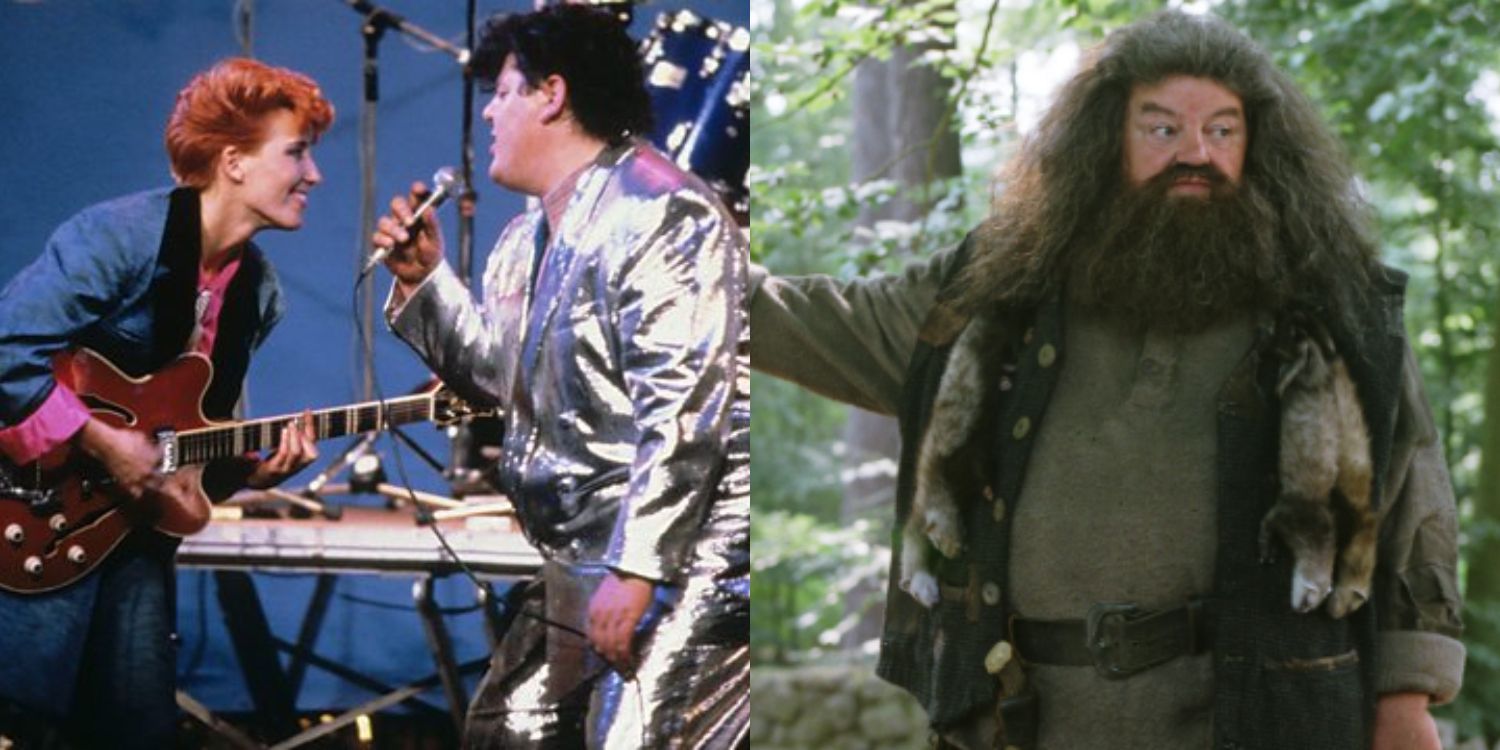 An image of Robbie Coltrane singing in Tutti Frutti and standing in the forest in Harry Potter